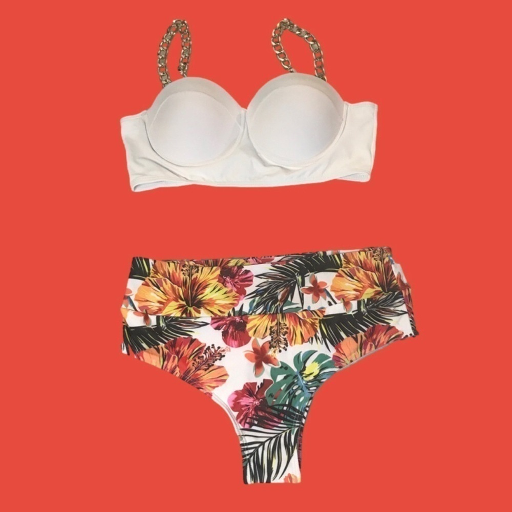Tropical Print Chain Strap High Waist Bikini Swimsuit. New. - Picture 5 of 7